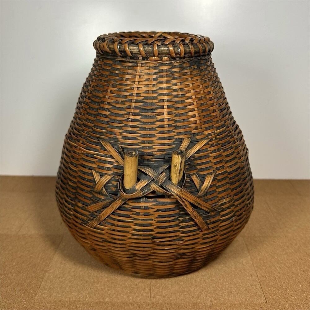 Vintage Japanese Smoked Bamboo Basket Handwoven Ikebana Basket Rustic Wabi Sabi